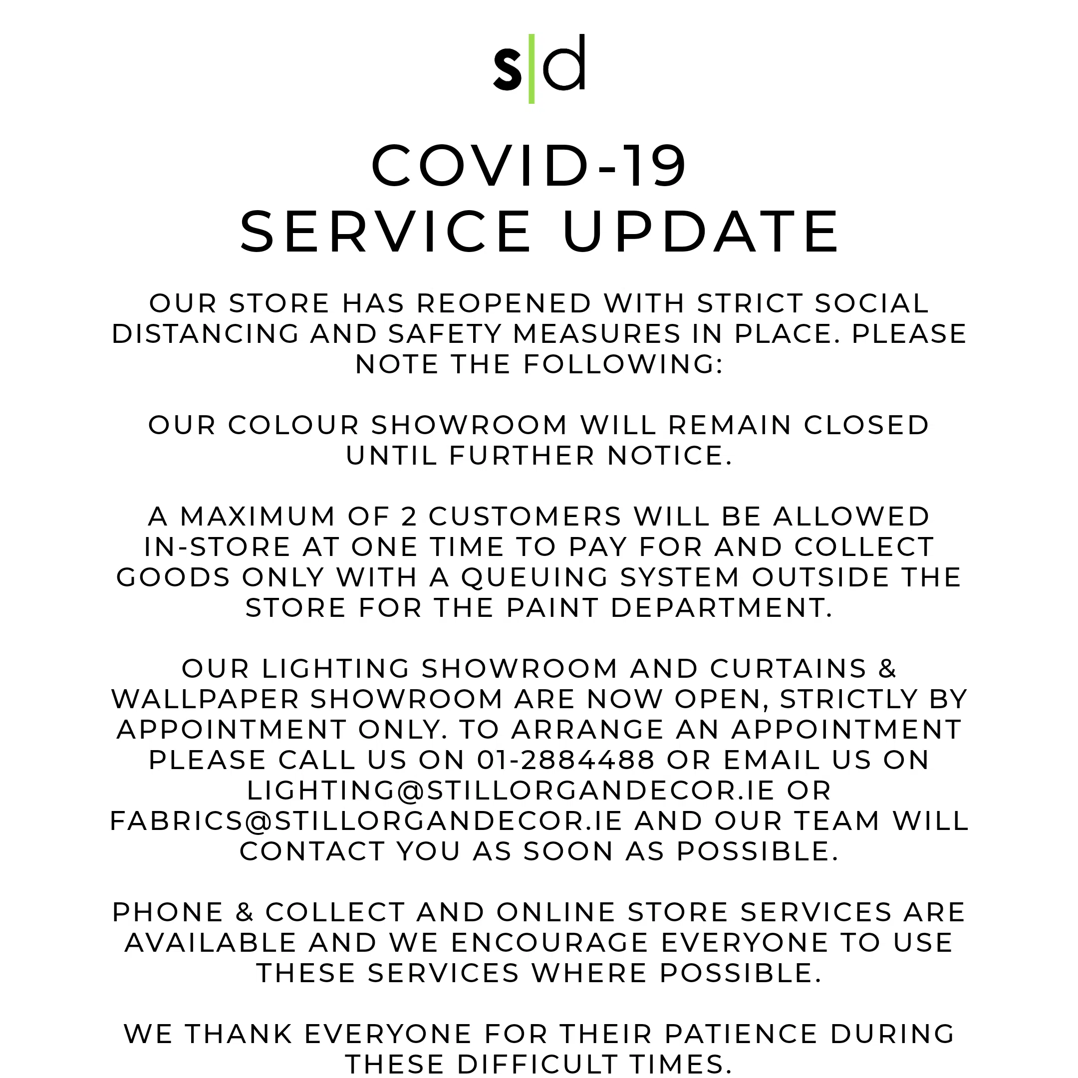 service update regarding covid-19 - Stillorgan Decor