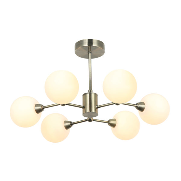 modern armed globe 6 light semi flush ceiling light antique brass - Stillorgan Decor