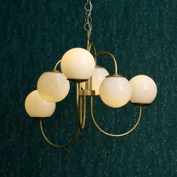 70s inspired 6 light opal globe brass ceiling light - Stillorgan Decor