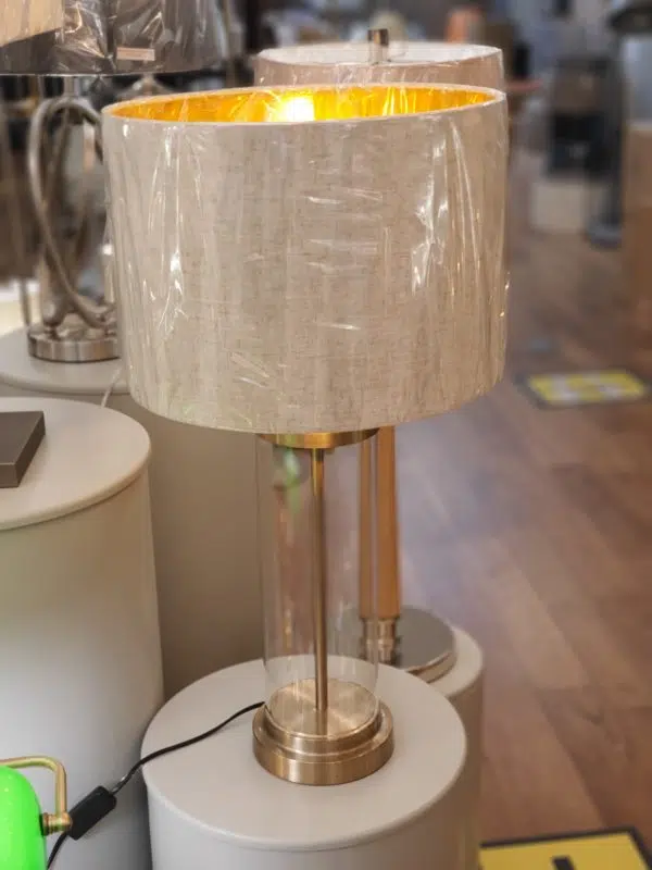 elegant clear glass base table lamp matt brass - Stillorgan Decor