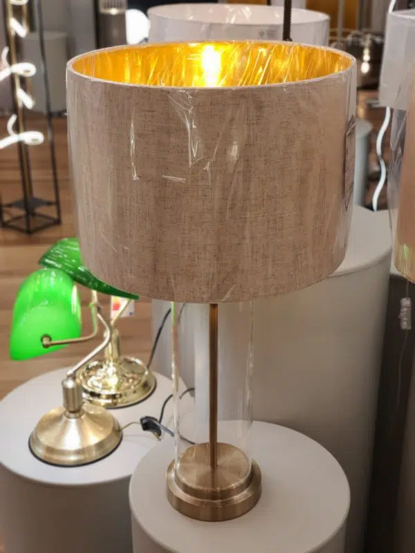 elegant clear glass base table lamp matt brass - Stillorgan Decor