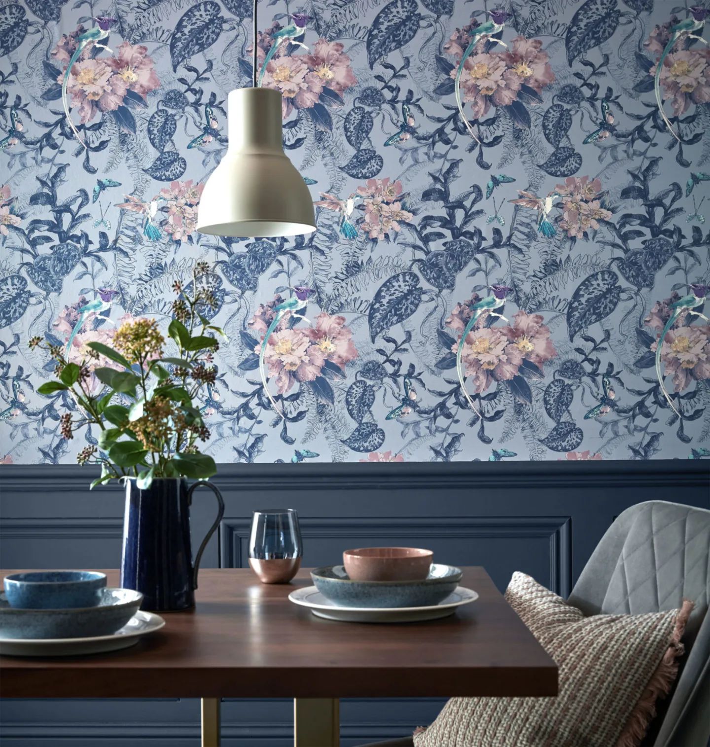 Hedgeroe Wallpaper by @1838_wallcoverings in 🌺 Blue Dusk

A very exotic hedgerow with humming birds, ferns, butterflies and poppy and dog rose flowers, drawn in a pen and ink style with colour highlights set against a dusky blue background. 

Available to order today in-store and online at stillorgandecor.ie for delivery nationwide.