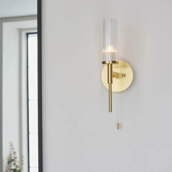 contemporary ribbed glass wall light - satin brass - Stillorgan Decor