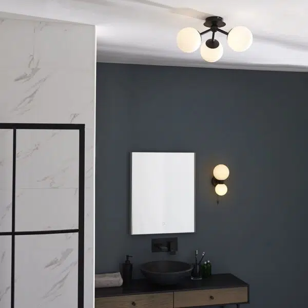 contemporary 3 opal globe bathroom wall light - black - Stillorgan Decor