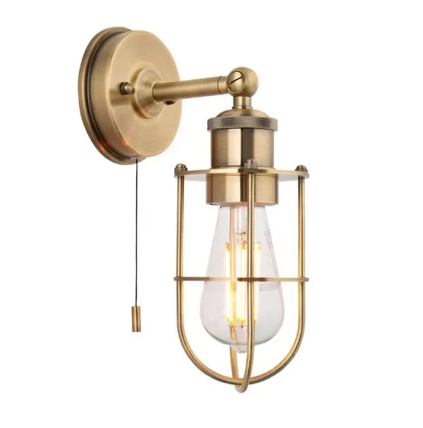 industrial pull chord wall light - antique brass