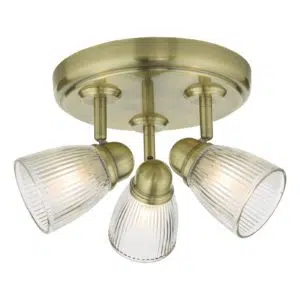 three light bathroom ceiling spot light with rippled glass - antique brass - Stillorgan Decor