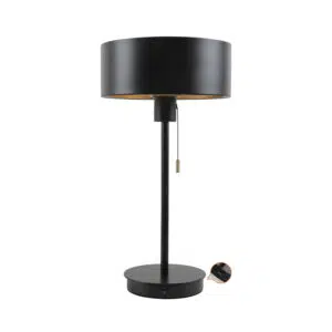 modern styled matt black and gold table lamp with pull chord