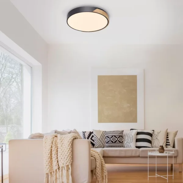 remote controlled round wood effect and matt black ceiling light - Stillorgan Decor