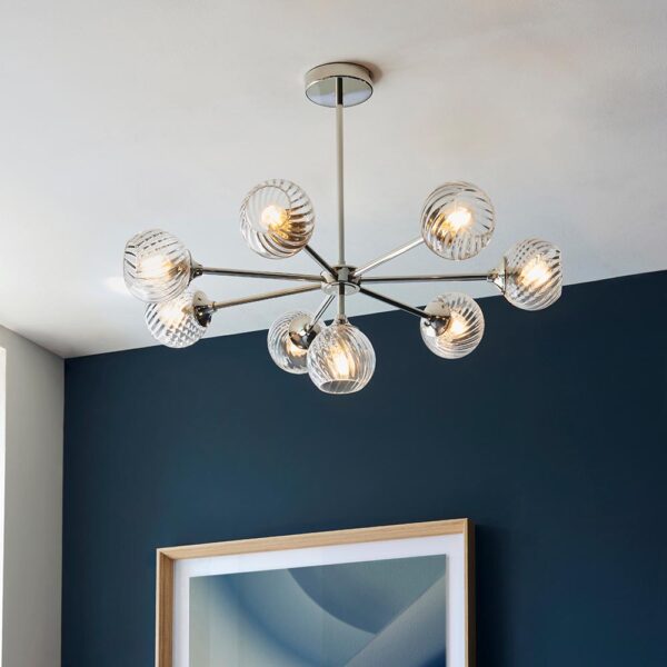 decorative 8 light twisted glass shade ceiling light polished nickel silver - Stillorgan Decor