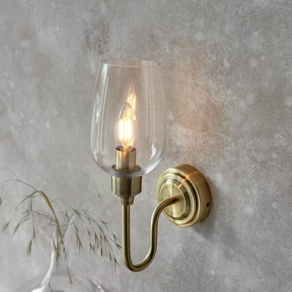 candle style wall light with glass shade - antique brass - Stillorgan Decor