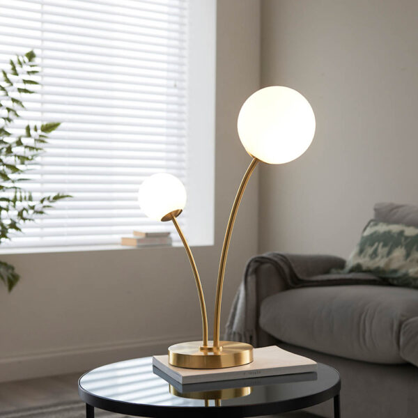 modern scandi style two globe table lamp brushed gold - Stillorgan Decor