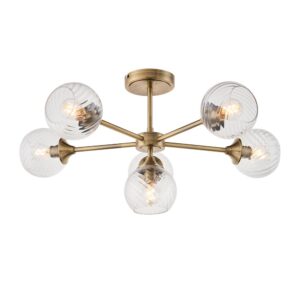 decorative 6 light twisted glass shade semi flush ceiling light antique brass - Stillorgan Decor