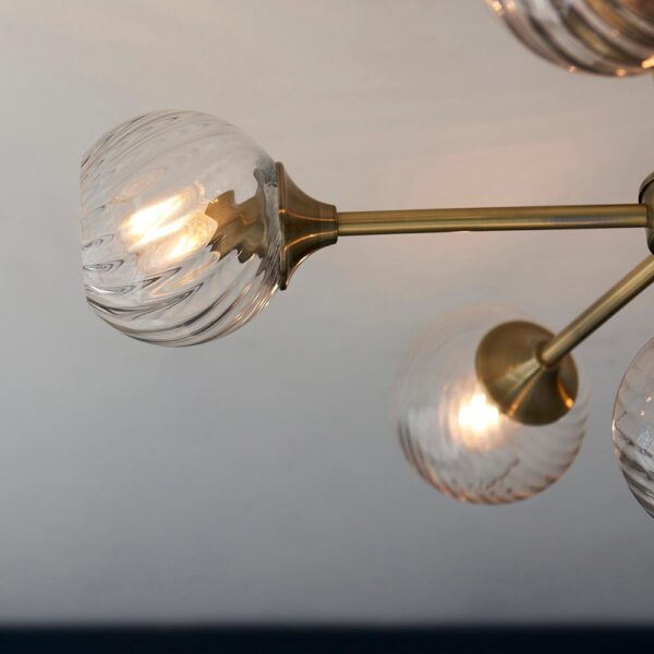 decorative 6 light twisted glass shade semi flush ceiling light antique brass - Stillorgan Decor