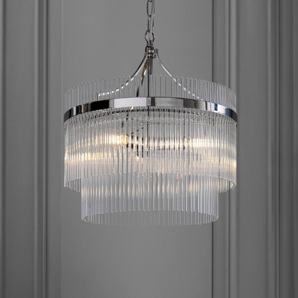 contemporary glass rod 3 light chandelier polished nickel - Stillorgan Decor