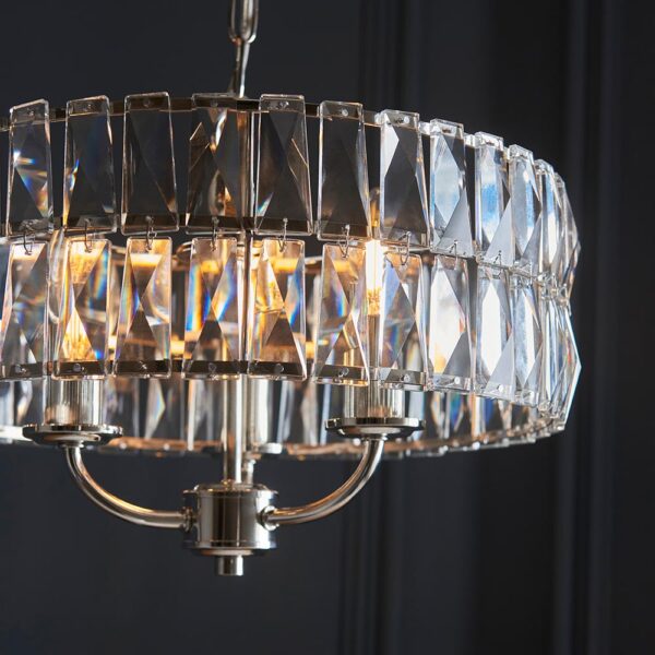 luxury 3 armed crystal pendant bright nickel - Stillorgan Decor