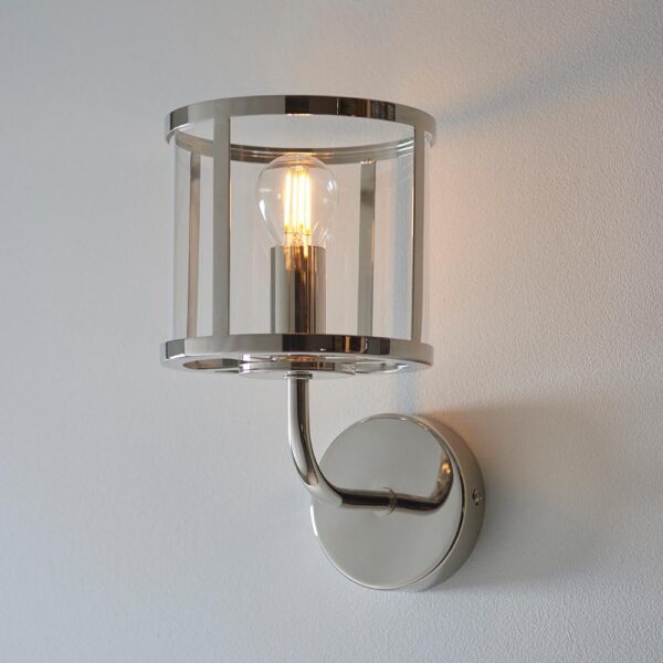 simple wall light bright nickel and clear glass - Stillorgan Decor