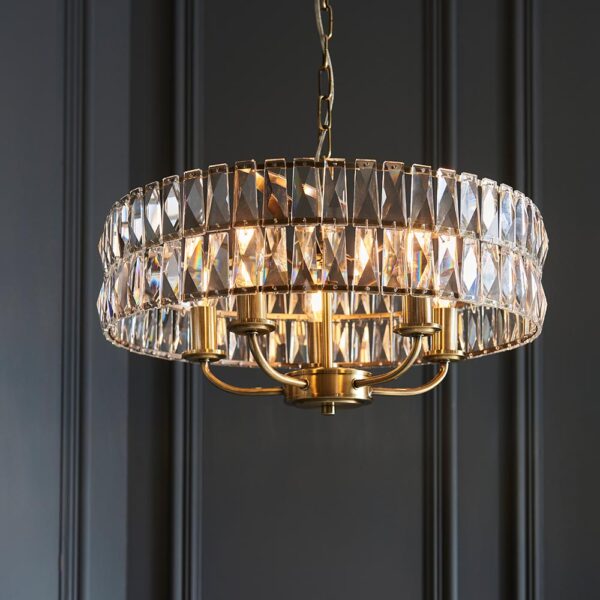 luxury 5 armed crystal pendant antique brass - Stillorgan Decor