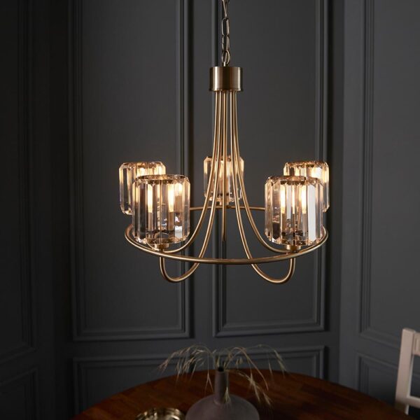 sophisticated 5 light pendant with glass shades antique brass - Stillorgan Decor