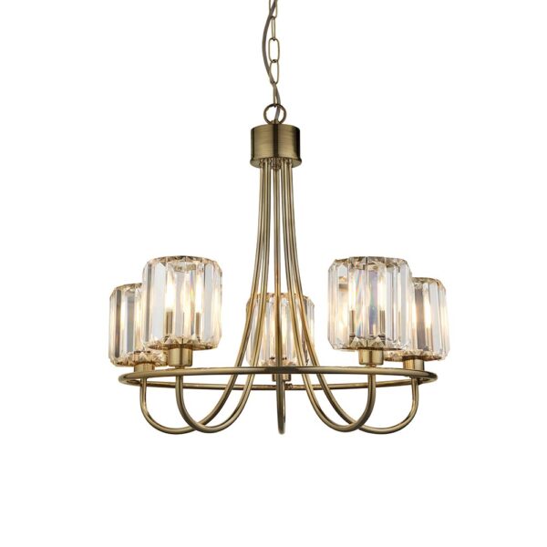 sophisticated 5 light pendant with glass shades antique brass - Stillorgan Decor