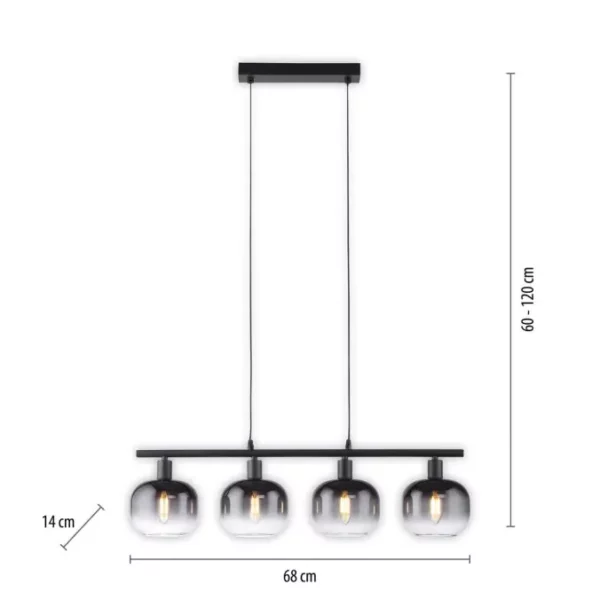 modern smoked glass 4 light bar pendant black - Stillorgan Decor