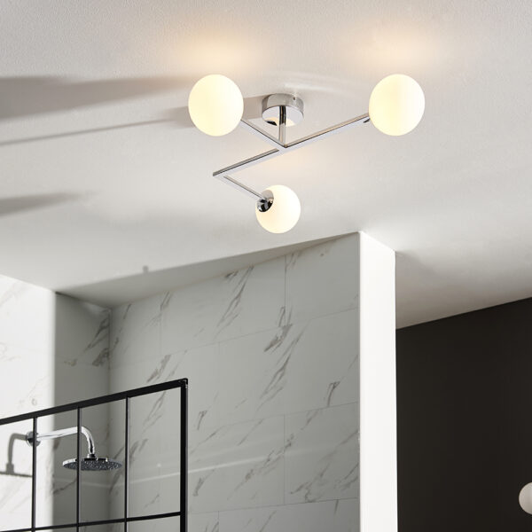 modern angle chrome semi flush bathroom ceiling light with opal glass - Stillorgan Decor