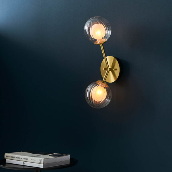 2 light satin brass wall light with clear ribbed shades - Stillorgan Decor