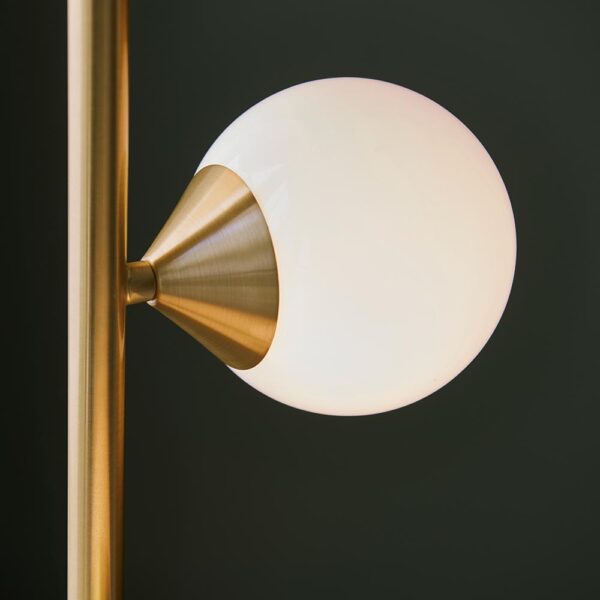 modern brushed gold floor lamp with gloss white glass globes - Stillorgan Decor