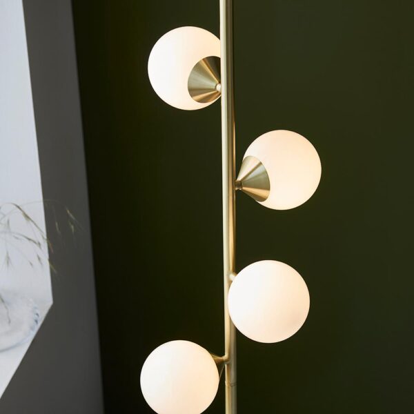 modern brushed gold floor lamp with gloss white glass globes - Stillorgan Decor