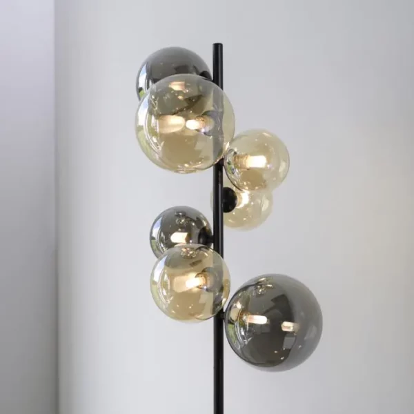 7 light globe floor lamp black with smoked and amber globes - Stillorgan Decor