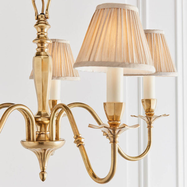 5 light solid brass chandelier with beige shades - Stillorgan Decor