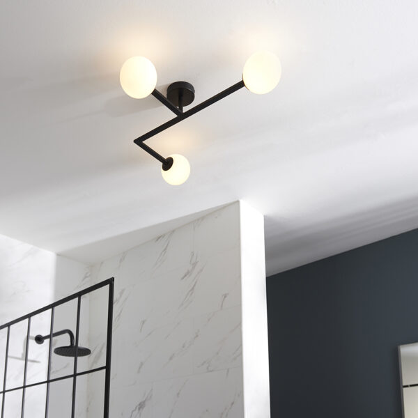 modern angle matt black semi flush bathroom ceiling light with opal glass - Stillorgan Decor