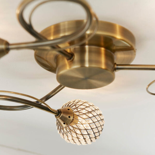 elegant 3 light twist arm flush ceiling light with mesh shades antique brass - Stillorgan Decor