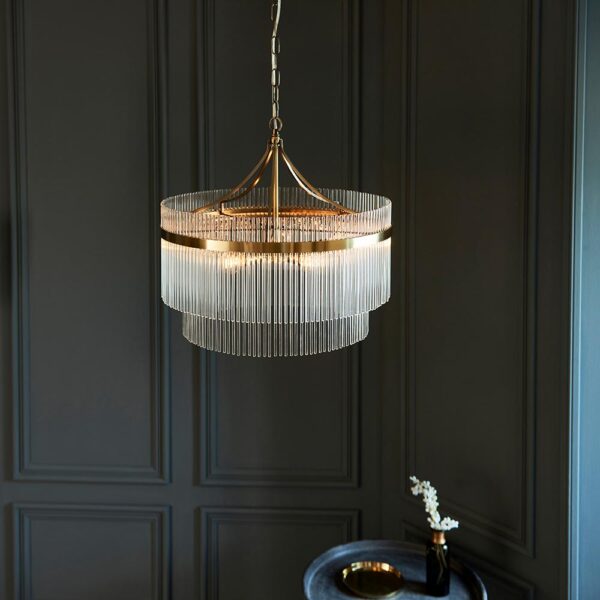 contemporary glass rod 5 light chandelier antique brass - Stillorgan Decor