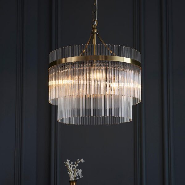 contemporary glass rod 3 light chandelier antique brass - Stillorgan Decor