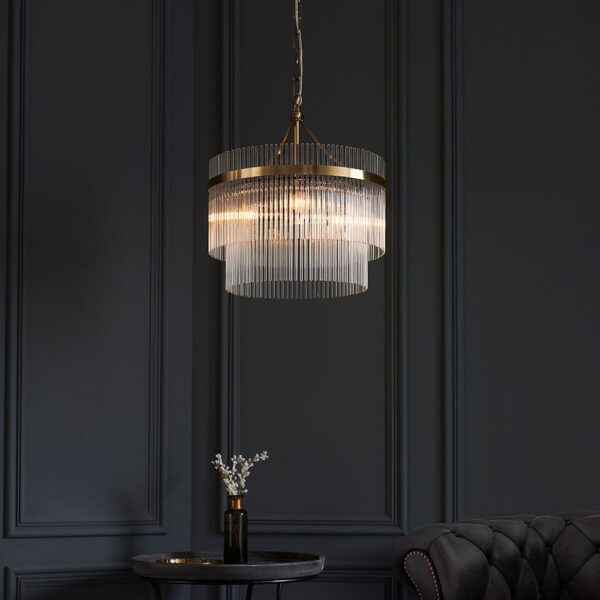 contemporary glass rod 3 light chandelier antique brass - Stillorgan Decor