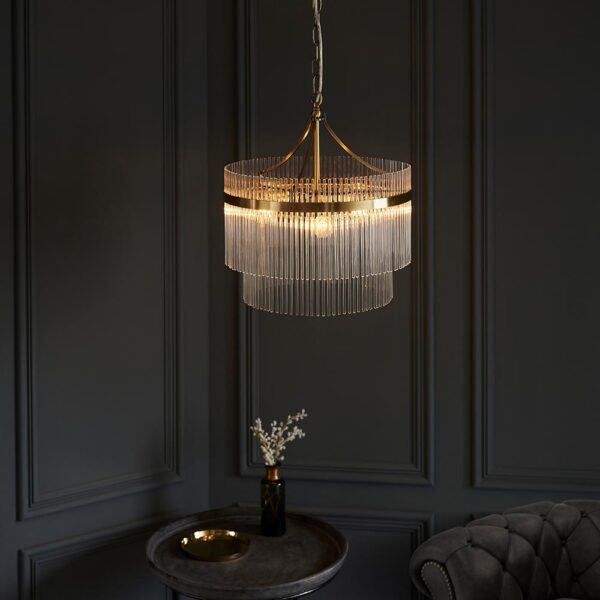 contemporary glass rod 3 light chandelier antique brass - Stillorgan Decor