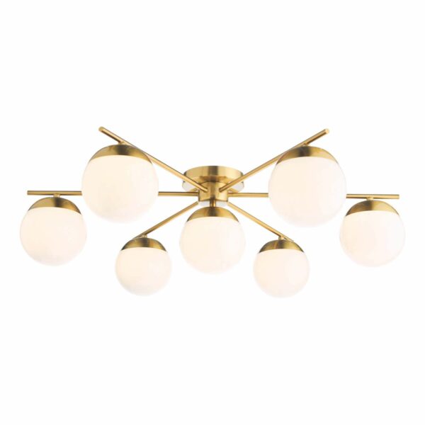7 light semi-flush natural brass and opal glass ceiling light - Stillorgan Decor