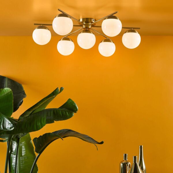 7 light semi-flush natural brass and opal glass ceiling light - Stillorgan Decor