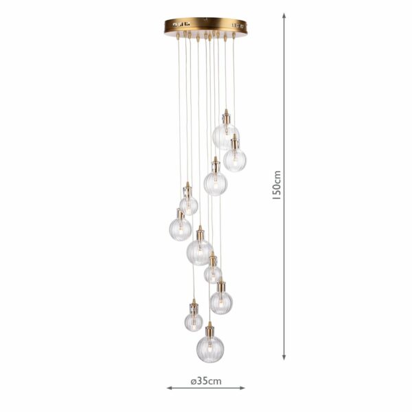 10 light spiral cluster pendant warm brass with ribbed glass shades - Stillorgan Decor