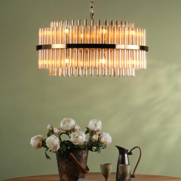 contemporary amber glass rod pendant with brass detail - Stillorgan Decor