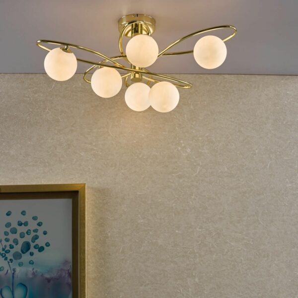 6 light semi flush ceiling light polished gold opal globes - Stillorgan Decor
