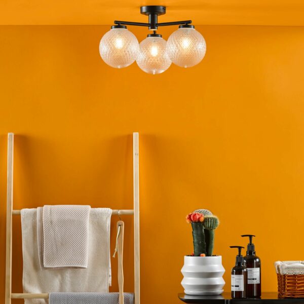 textured globe 3 arm semi flush bathroom ceiling light matt black - Stillorgan Decor