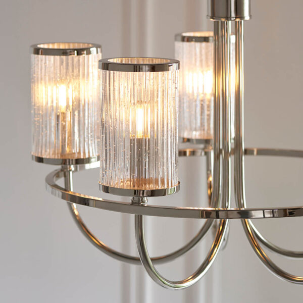 5lt bright nickel pendant with clear ribbed bubble glass shades - Stillorgan Decor