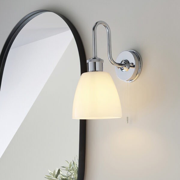 chrome arched bathroom wall light with gloss opal glass - Stillorgan Decor