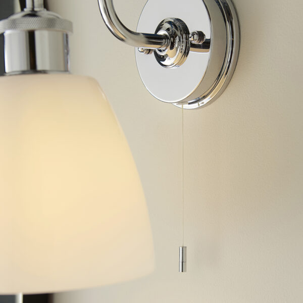 chrome arched bathroom wall light with gloss opal glass - Stillorgan Decor