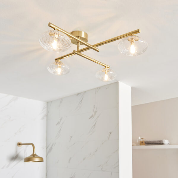 modern linear bathroom ceiling light brushed gold with ribbed glass - Stillorgan Decor