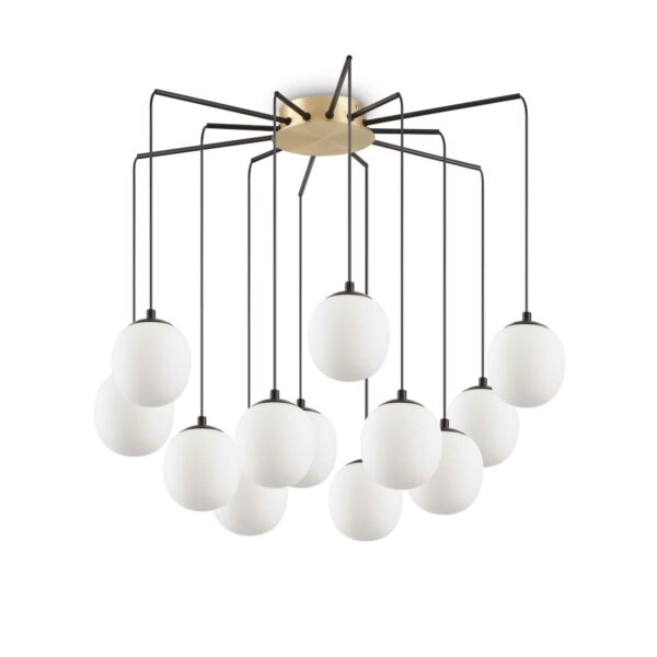 modern 12 light hanging pendant with opal globes black and brass - Stillorgan Decor