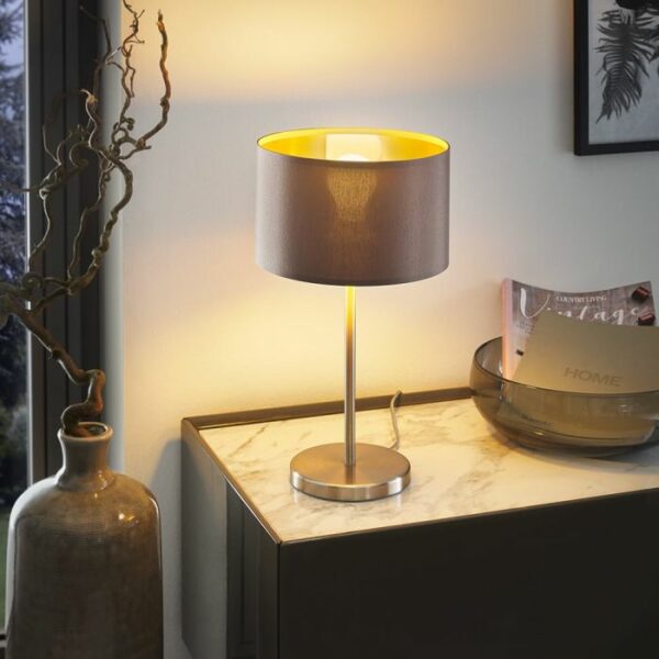 modern minimalist table lamp satin nickel with cappuccino and gold shade - Stillorgan Decor