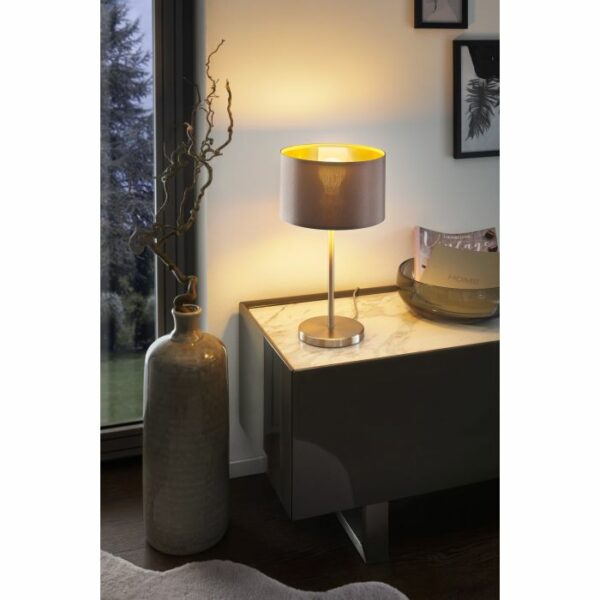 modern minimalist table lamp satin nickel with cappuccino and gold shade - Stillorgan Decor