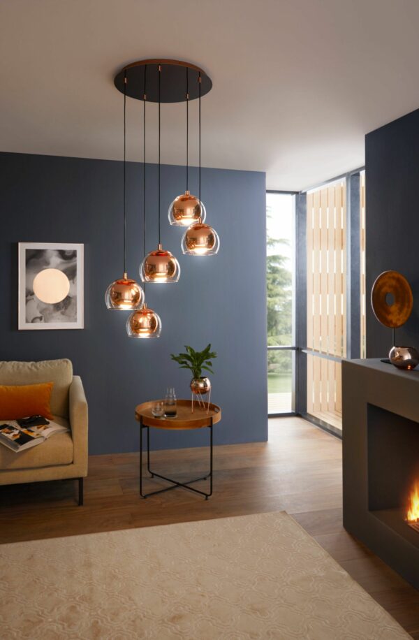 contemporary 5 light copper and clear glass dome cluster pendant light - Stillorgan Decor